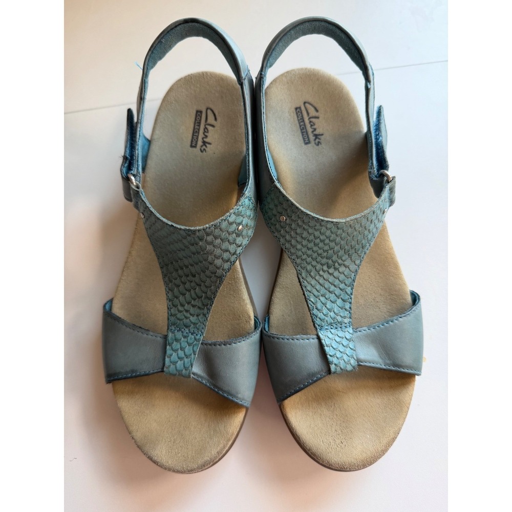 Clarks Collection Blue Leather Snakeskin Texture Slingback Sandals Womens 8.5 M